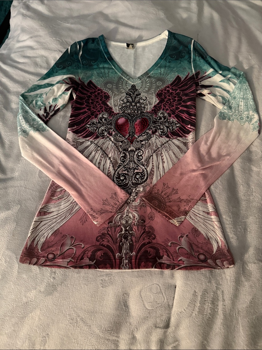 Joyce Leslie Y2K Winged Rhinestone Heart Graphic Mesh Long Sleeve Top - Small
